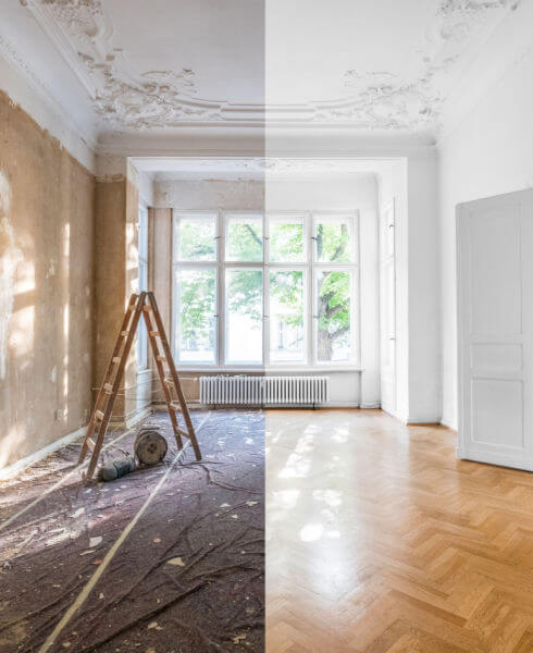 Före och efter bild av renoverad lägenhet av byggfirma i Uppsala